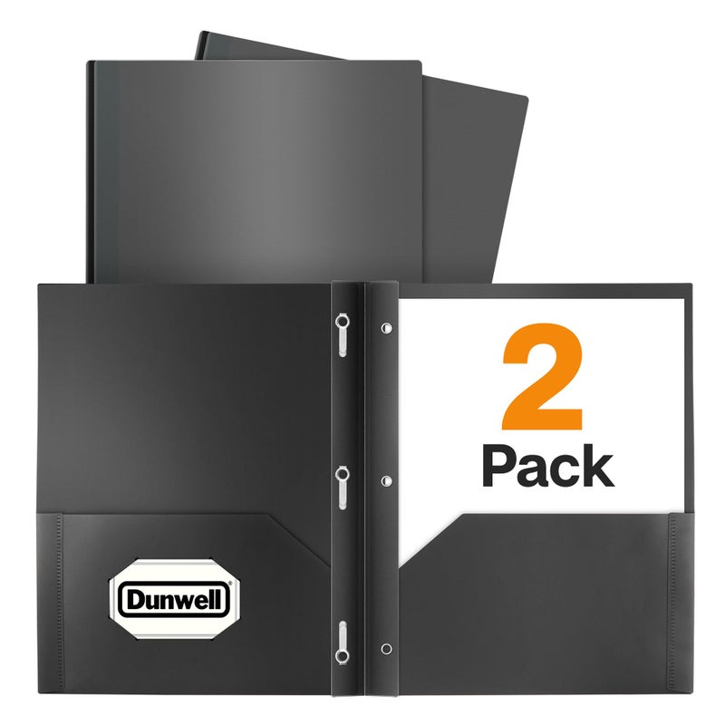 Dunwell Plastic Folders with 3 Prongs, (2 Pack, Black), 2-Pocket Folders with Fasteners, Durable Acid-Free Poly for Long Term Use, Includes Labels - Image 1